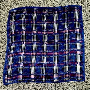 Small silk coach scarf / foldable pocket square. In blue and purple.